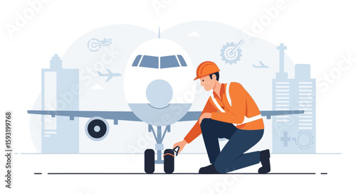 Aircraft Maintenance Engineer Inspecting Tire Pressure Safety Check Concept