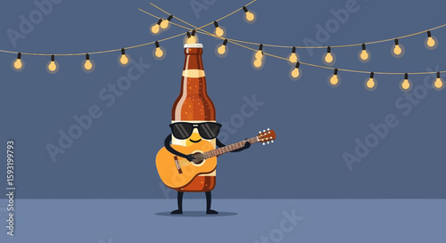 Cool Beer Bottle Playing Guitar Under String Lights Cartoon Illustration