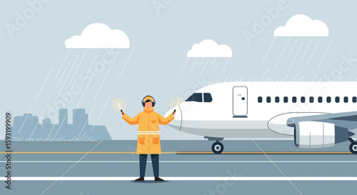 Aircraft Marshaller Guiding Airplane Arrival On Runway In The Rain At Airport