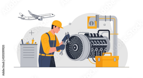 Aircraft Maintenance Technician Inspecting Jet Engine For Safe Flight Operations