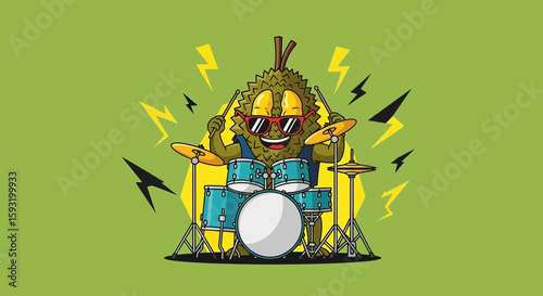 Cartoon Durian Character Energetically Playing Drums In A Rock Band