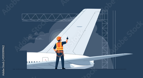 Aircraft Technician Inspecting Airplane Tail At Hangar Ready For Travel
