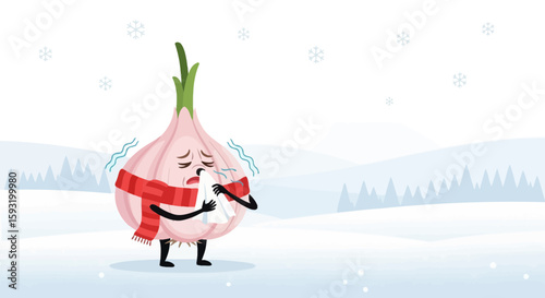 Cartoon Garlic Character Having A Cold Wearing Scarf Standing In Winter Landscape