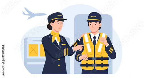 Airline Safety Demonstration Inflight Crew Guiding Passenger With Emergency Vest