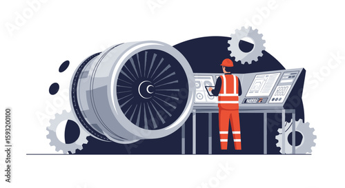 Airplane Engine Maintenance Engineer Technician Inspecting Aircraft Jet System