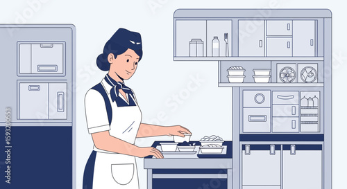 Airplane Staff Preparing Food For Passengers In Aircraft Interior