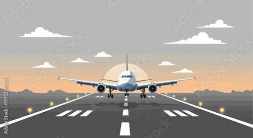 Airplane Vector Illustration At Airport Runway During Sunset Or Sunrise