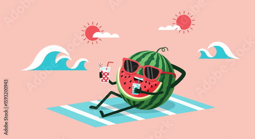 Cooling Watermelon Cartoon Character Lounging Under Sun With Drink On Summer Vacation