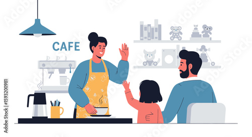 Cordial Café Scene Featuring Cheerful Barista Greeting A Young Customer With Father