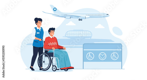 Airport Assistance With Wheelchair Service And Plane Taking Off Illustration