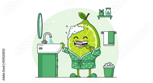Cartoon Lime Character Brushing Teeth In Bathroom For Dental Hygiene Promotion