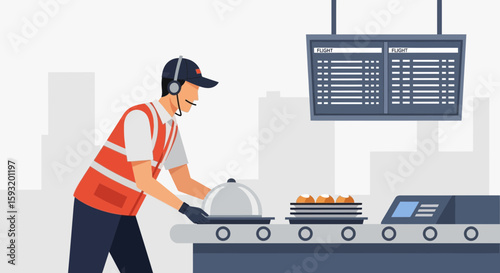 Airport Food Service Attendant Preparing Inflight Meals Conveyor Belt System