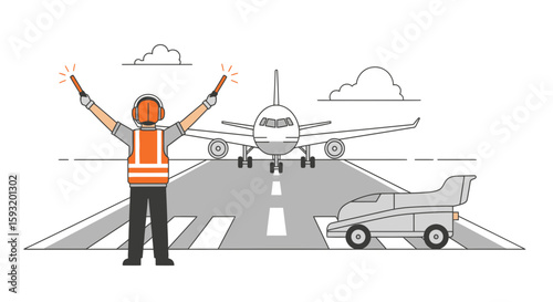 Airport Ground Crew Directing Plane With Light Wands At Aviation Terminal