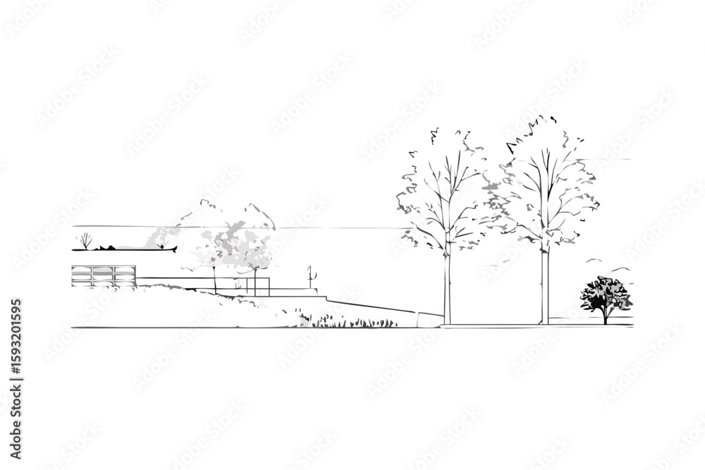 Obraz premium Architectural sketch of a modern building with trees and landscaping isolated on white background