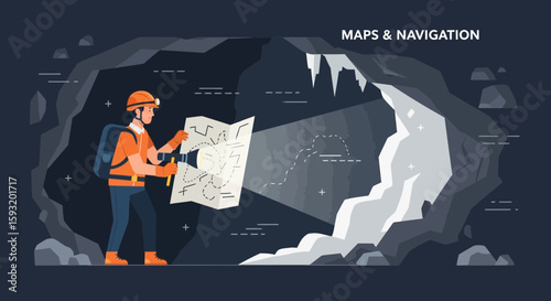Cartoon Miner Navigating Underground With a Map And a Flashlight in a Cave