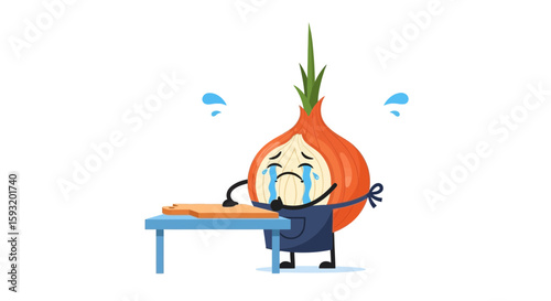 Cartoon Onion Crying While Cutting Itself On The Kitchen Board