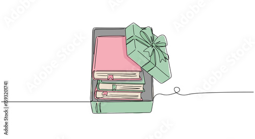Books in gift box book present concept – one line doodle drawing with watercolor fill, minimalistic vector illustration on white background

