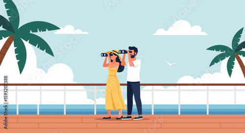Couple Enjoying Cruise Vacation Observing Tropical Landscape Through Binoculars