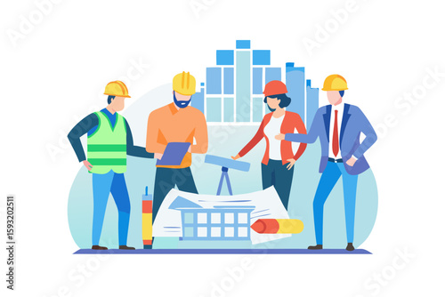 Diverse team of architects and engineers collaborating on building plans isolated on white background