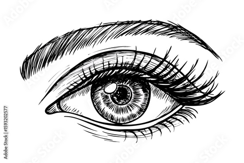 Detailed sketch of a human eye with intense gaze isolated on white background