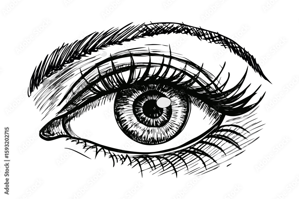 Obraz premium Detailed sketch of a human eye with dramatic eyelashes isolated on white background