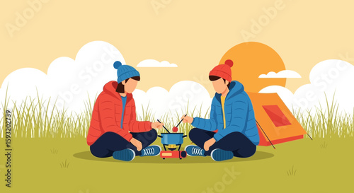 Couple Enjoying Fondue While Camping In Nature On Vacation Adventure Trip