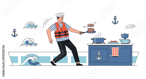 Cartoon Sailor Cooking Pancakes on a Boat During a Wavy Day On the Sea