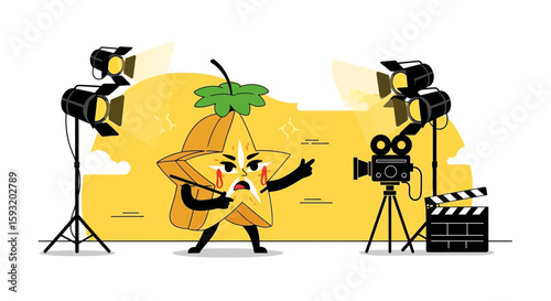 Angry Star Fruit Directing a Movie Scene With Camera And Lighting Setup