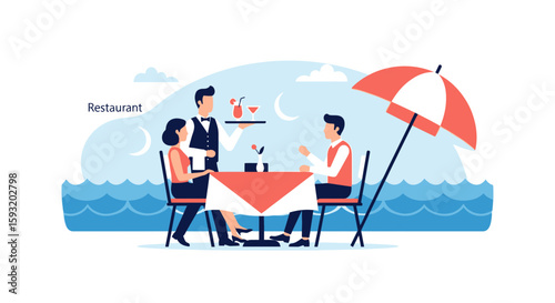 Couple Enjoying Romantic Dinner At Beachfront Restaurant With Attentive Waiter