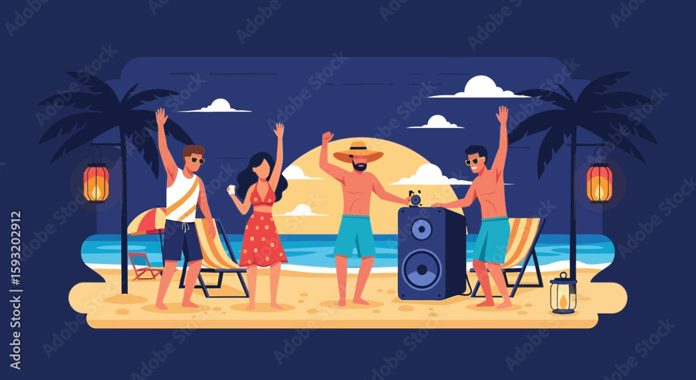 Obraz premium Animated Beach Party Scene with People, Palm Trees and Speaker