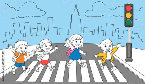This cheerful illustration shows kids happily crossing a street, emphasizing themes of safety, urban living, and the vibrancy of childhood in a city environment.