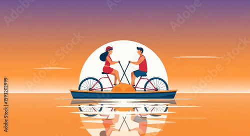 Couple Enjoying Pedal Boat Ride At Sunset In Minimalist Style