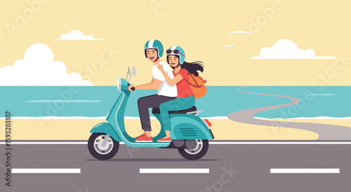 Couple Enjoying Summer Vacation Ride on Turquoise Scooter Along Scenic Coastal Road