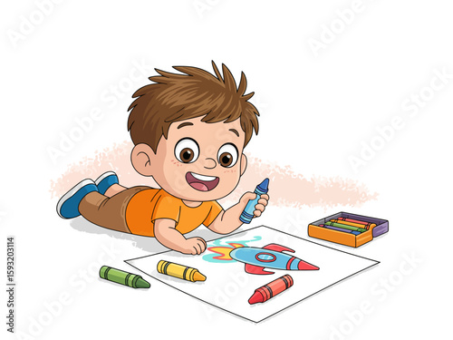 A joyful child lying on the floor, happily coloring a drawing with crayons, representing the creativity and playful spirit of childhood in a warm, inviting environment.