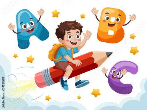 A young boy rides a giant pencil rocket among playful letters and stars, symbolizing creativity, imagination, and the joy of learning through adventure and exploration.