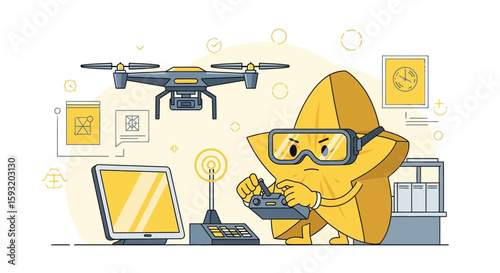 Cartoon Star Character Flying Drone Using Remote Controller For Technology Concept