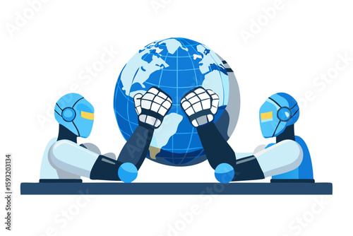 Two robots arm wrestling for the planet earth isolated on white background