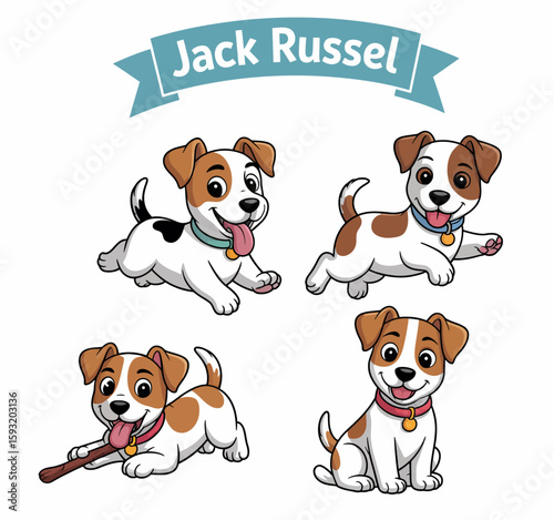 Four adorable Jack Russell puppies showcase playful behavior, capturing the spirit of youthful energy and companionship in a charming and lively illustration.