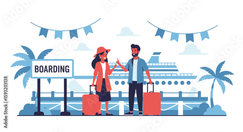 Couple Enjoying Tropical Vacation Boarding Cruise Ship With Luggage