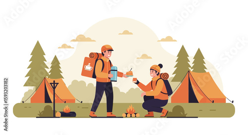 Couple Enjoys Camping Holiday Adventure Together In The Forest Outdoors Scene
