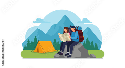 Couple Enjoying Wilderness Adventure During Mountain Vacation Trip Planning