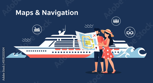 Couple Planning Cruise Vacation Adventure Examining Destination Map Together