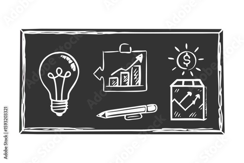 Doodle icons representing business growth strategy and ideas isolated on white background