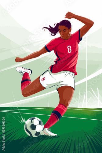 An athletic woman in a red soccer kit powerfully strikes a ball, showcasing her strength, agility, and passion for sports in a vibrant and energetic outdoor setting.