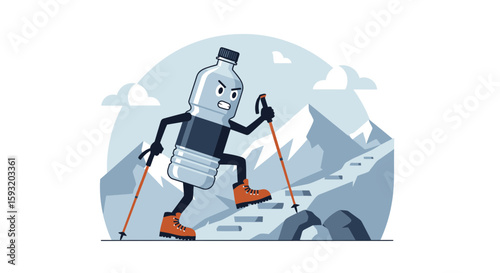 Cartoon Water Bottle Character Hiking Up Mountain With Trekking Poles