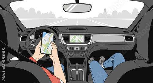 Cartoon View From Car Interior With Passenger Using Phone App For Navigation