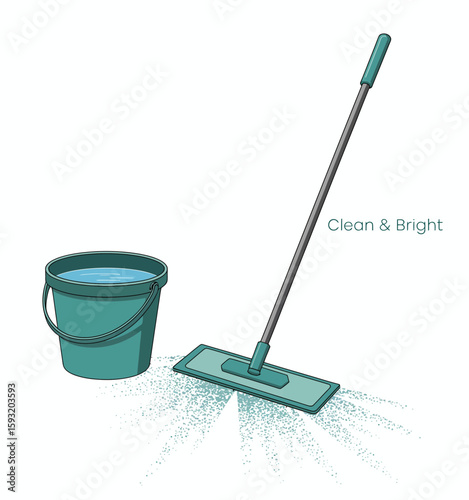 An illustration of a mop and a bucket filled with water showcases the essential components of a home cleaning routine, emphasizing cleanliness and maintenance.