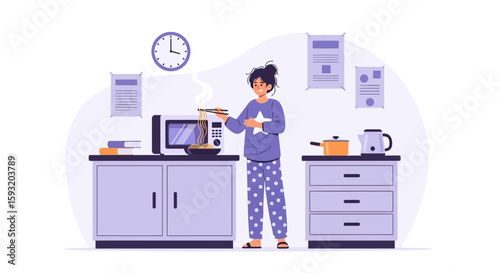 Cartoon Woman Enjoying Late Night Noodles in Kitchen with Microwave
