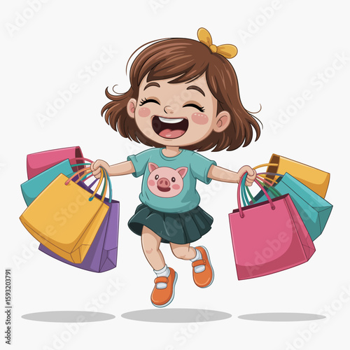 A cheerful girl jumps with joy, holding several colorful shopping bags, representing the excitement of shopping and the delight of youthful enthusiasm for fun purchases.