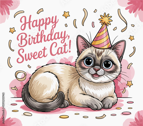 A cute cat wearing a party hat celebrates its birthday, surrounded by festive elements, capturing the joy and spontaneity of pet companionship and celebration.